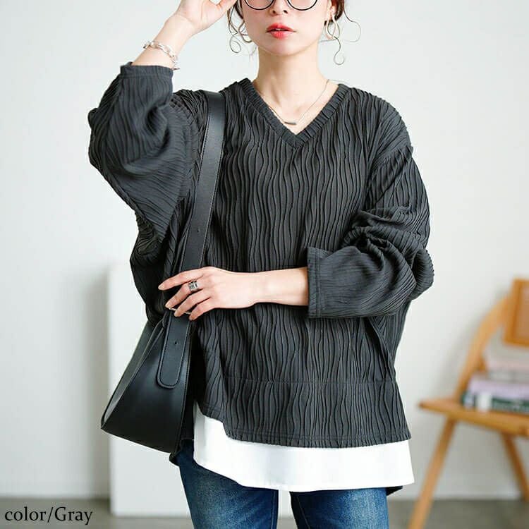 大きいサイズ レディース ウェーブプリーツフェイクレイヤードプルオーバー　plan-271600