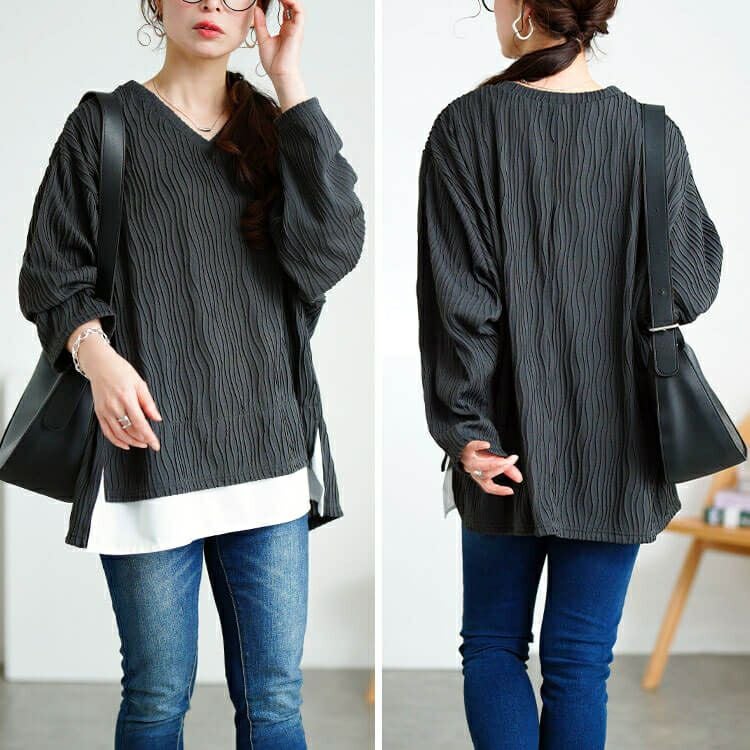大きいサイズ レディース ウェーブプリーツフェイクレイヤードプルオーバー　plan-271600