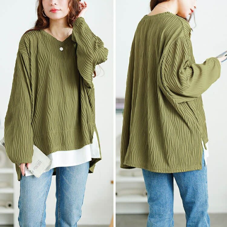 大きいサイズ レディース ウェーブプリーツフェイクレイヤードプルオーバー　plan-271600