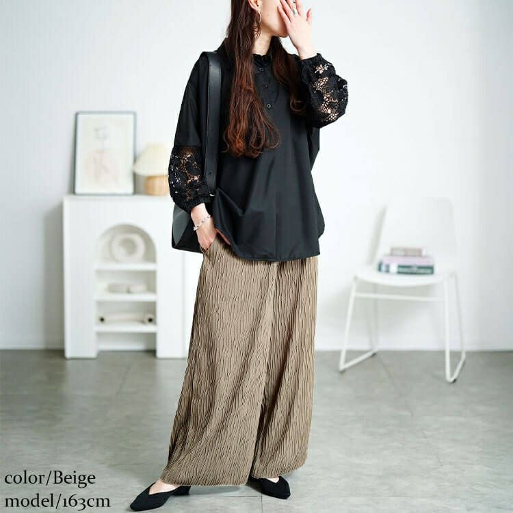 大きいサイズ レディース ウェーブプリーツワイドパンツ　plan-471006