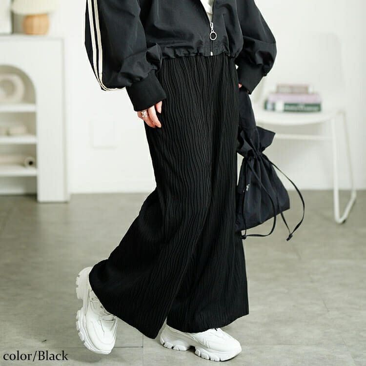 大きいサイズ レディース ウェーブプリーツワイドパンツ　plan-471006