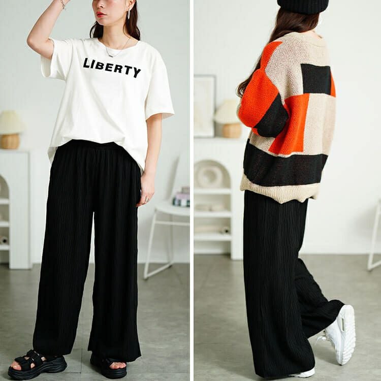 大きいサイズ レディース ウェーブプリーツワイドパンツ　plan-471006