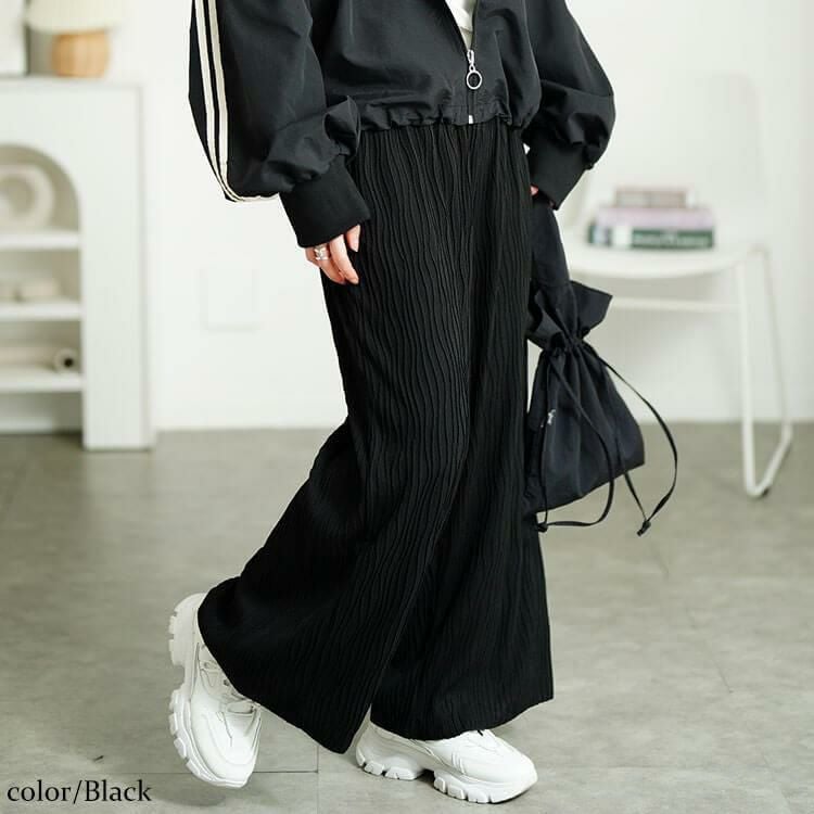 大きいサイズ レディース ウェーブプリーツワイドパンツ　plan-471006 ブラック