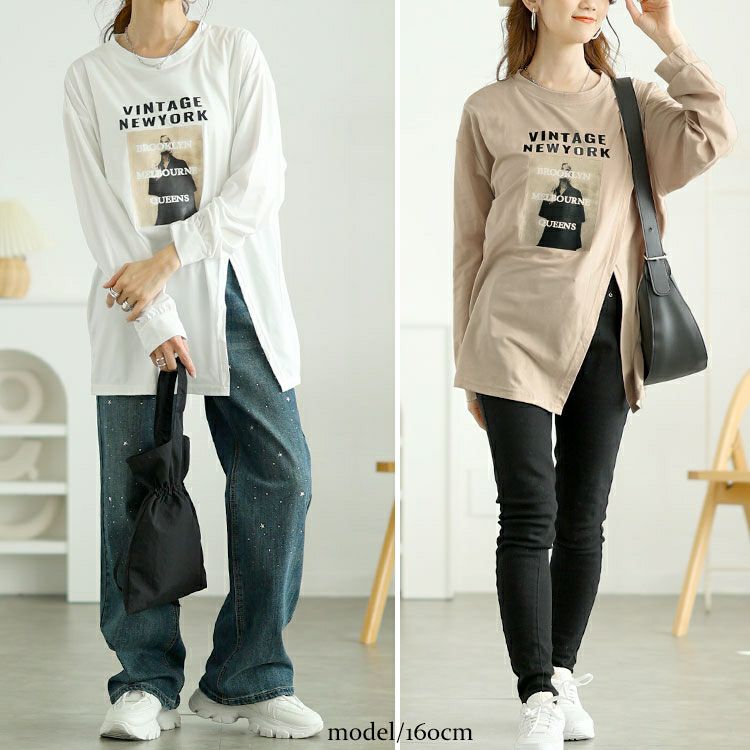 大きいサイズ レディース 斜めスリットロゴプリントロンT　goldy-1653 【メール便可】