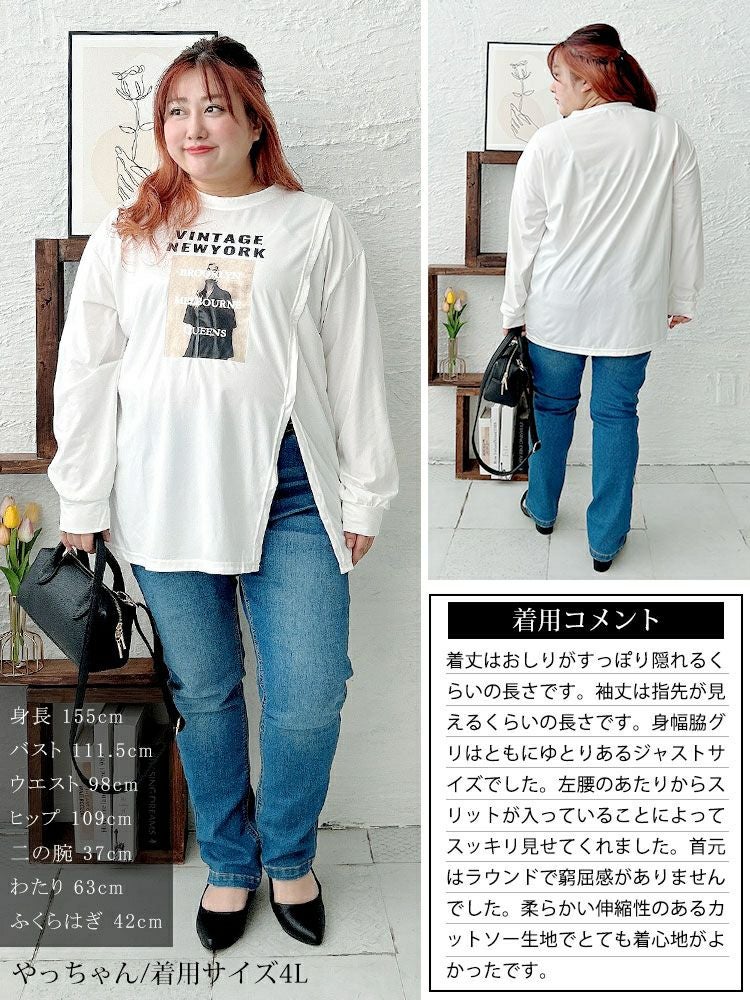 大きいサイズ レディース 斜めスリットロゴプリントロンT　goldy-1653 【メール便可】