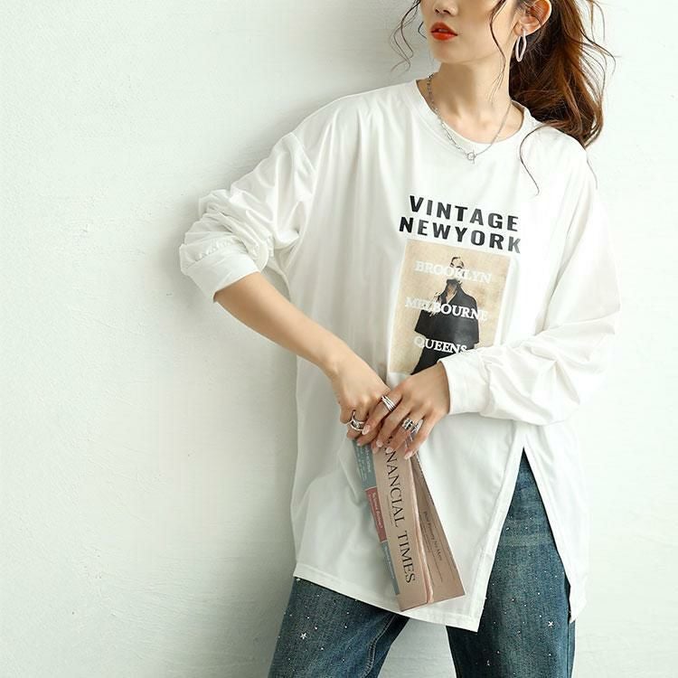 大きいサイズ レディース 斜めスリットロゴプリントロンT　goldy-1653 【メール便可】 ホワイト