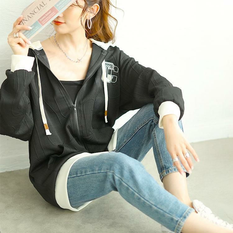 大きいサイズ レディース バックロゴジップアップパーカー　goldy-1649 ブラック