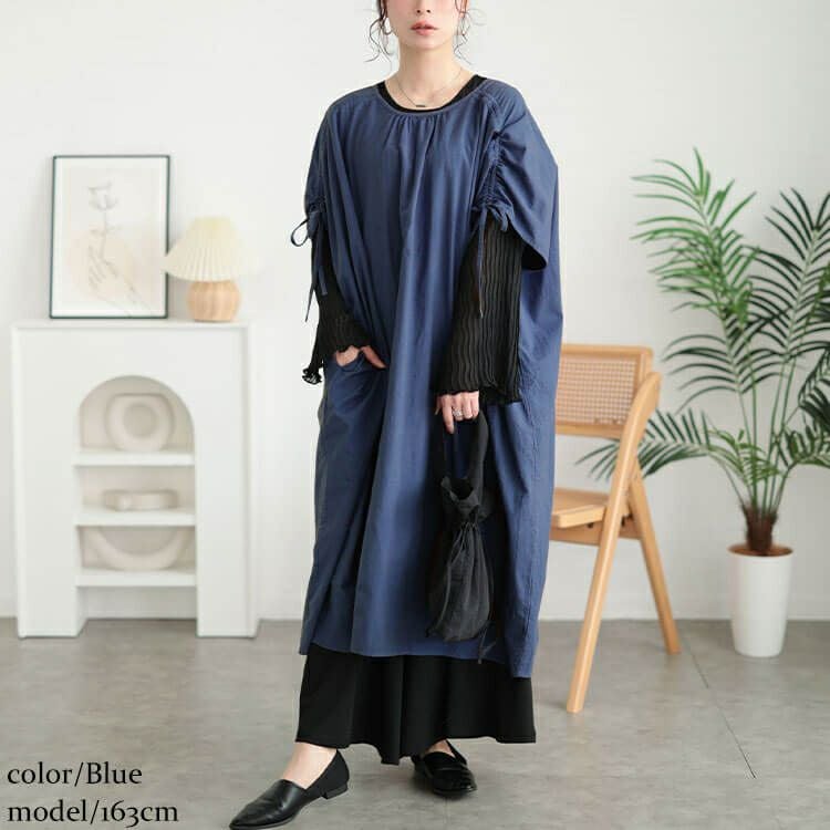 大きいサイズ レディース コットンリネン肩ドロストワンピース　fem-523