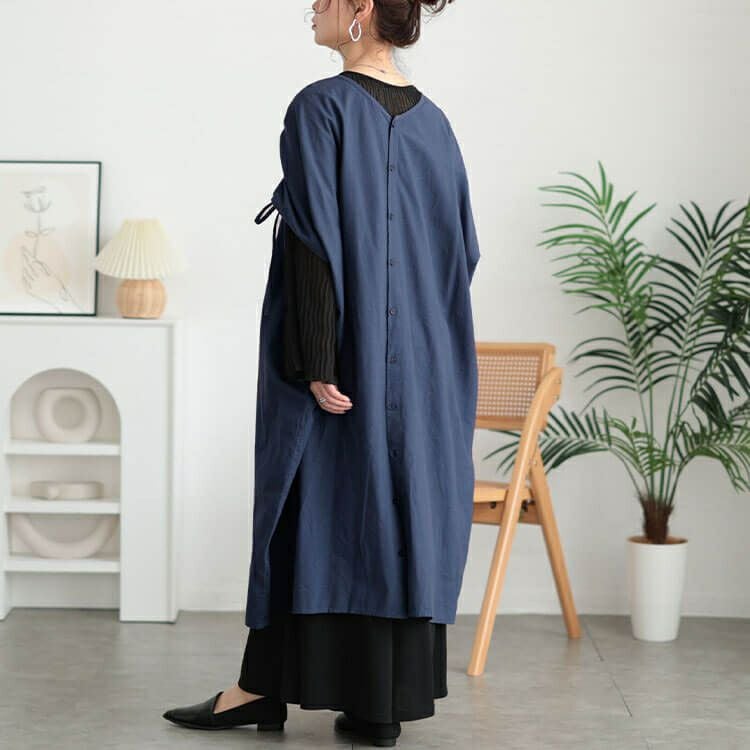 大きいサイズ レディース コットンリネン肩ドロストワンピース　fem-523