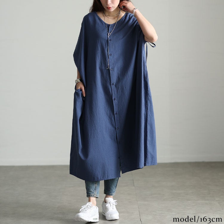 大きいサイズ レディース コットンリネン肩ドロストワンピース　fem-523