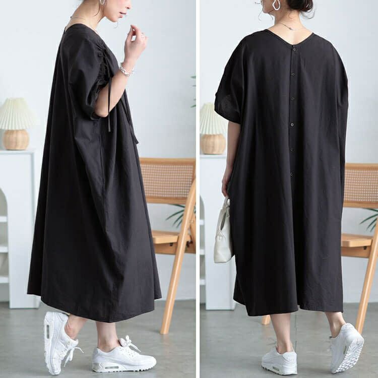 大きいサイズ レディース コットンリネン肩ドロストワンピース　fem-523