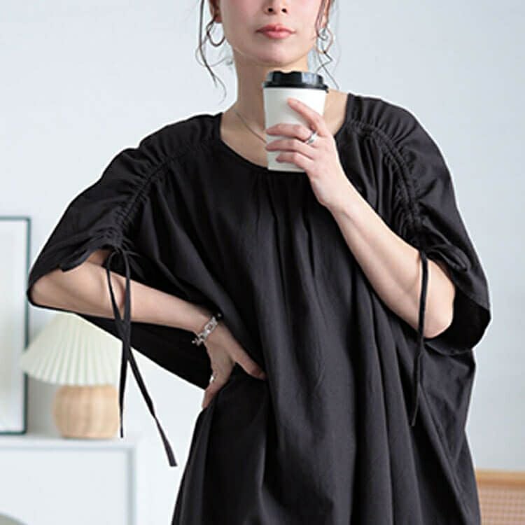 大きいサイズ レディース コットンリネン肩ドロストワンピース　fem-523