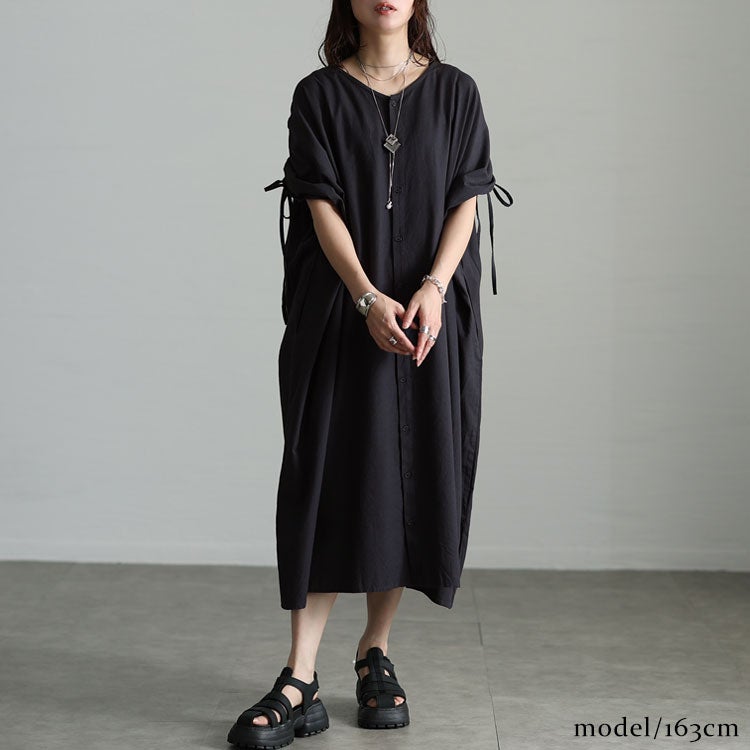 大きいサイズ レディース コットンリネン肩ドロストワンピース　fem-523
