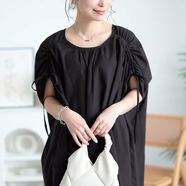 大きいサイズ レディース コットンリネン肩ドロストワンピース　fem-523 チャコール