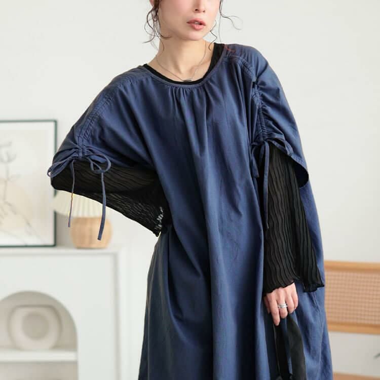 大きいサイズ レディース コットンリネン肩ドロストワンピース　fem-523 ブルー