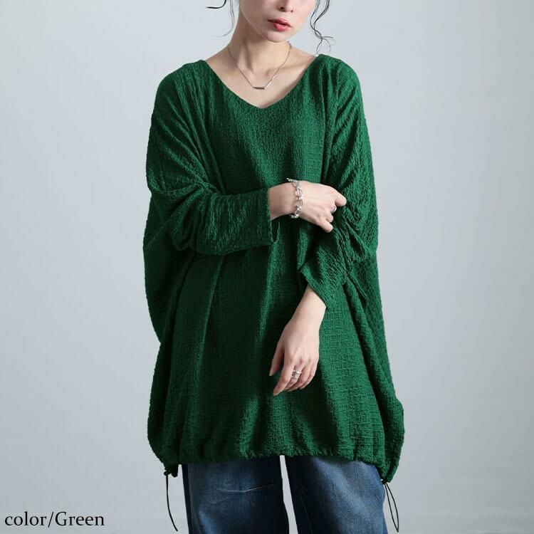 大きいサイズ レディース 裾ドロストポコポコドルマンチュニック　bai-0173 グリーン
