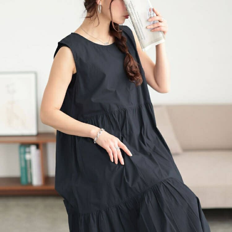 大きいサイズ レディース コットンレースアップティアードワンピース　fem-524