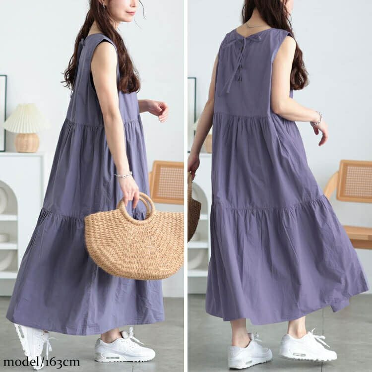大きいサイズ レディース コットンレースアップティアードワンピース　fem-524