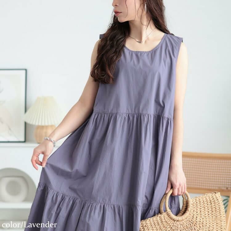 大きいサイズ レディース コットンレースアップティアードワンピース　fem-524 ラベンダー