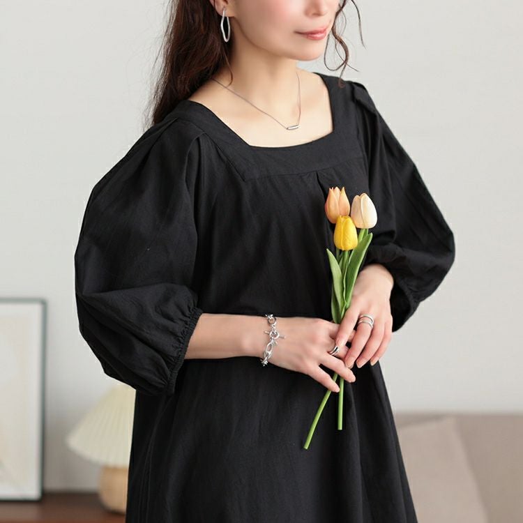 大きいサイズ レディース コットンリネンスクエアネックワンピース　fem-525