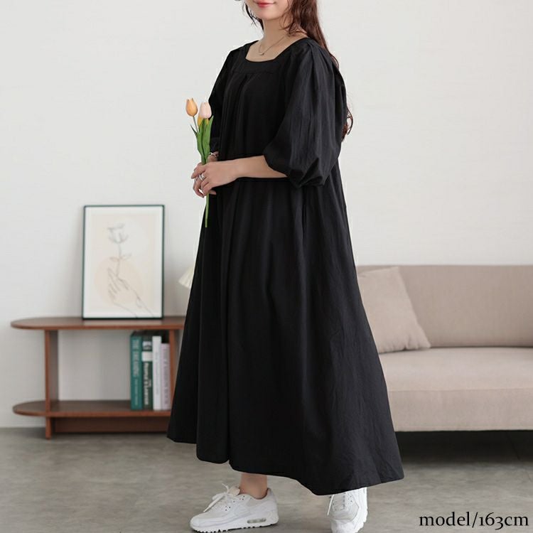 大きいサイズ レディース コットンリネンスクエアネックワンピース　fem-525