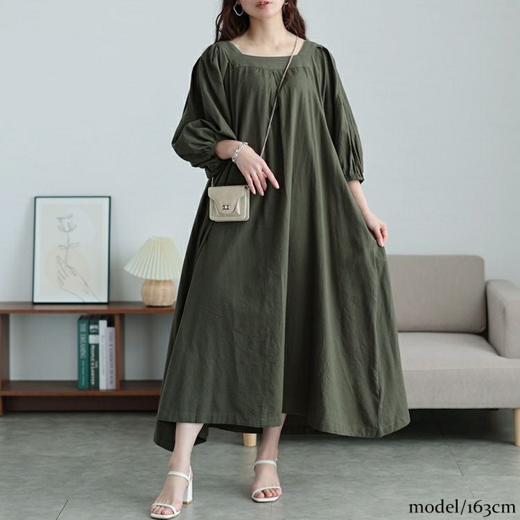 大きいサイズ レディース コットンリネンスクエアネックワンピース　fem-525