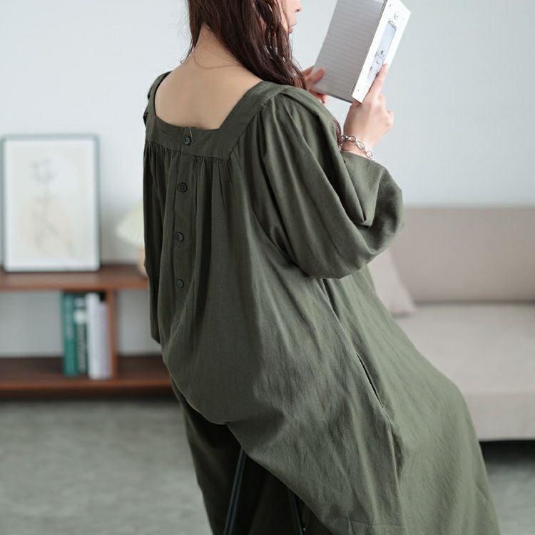 大きいサイズ レディース コットンリネンスクエアネックワンピース　fem-525