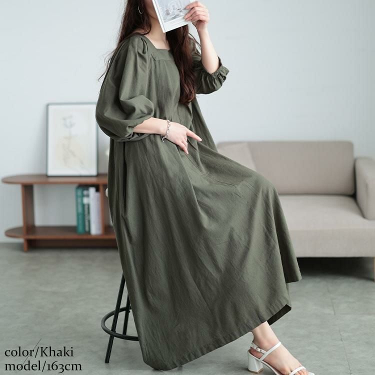 大きいサイズ レディース コットンリネンスクエアネックワンピース　fem-525 カーキ