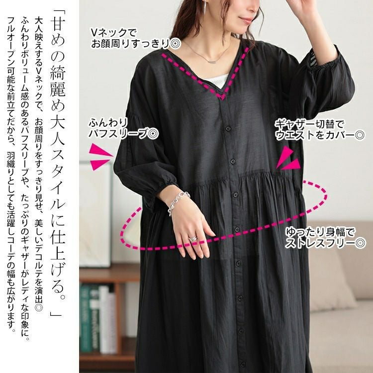 大きいサイズ レディース コットンリネンVネックギャザーワンピース　fem-526