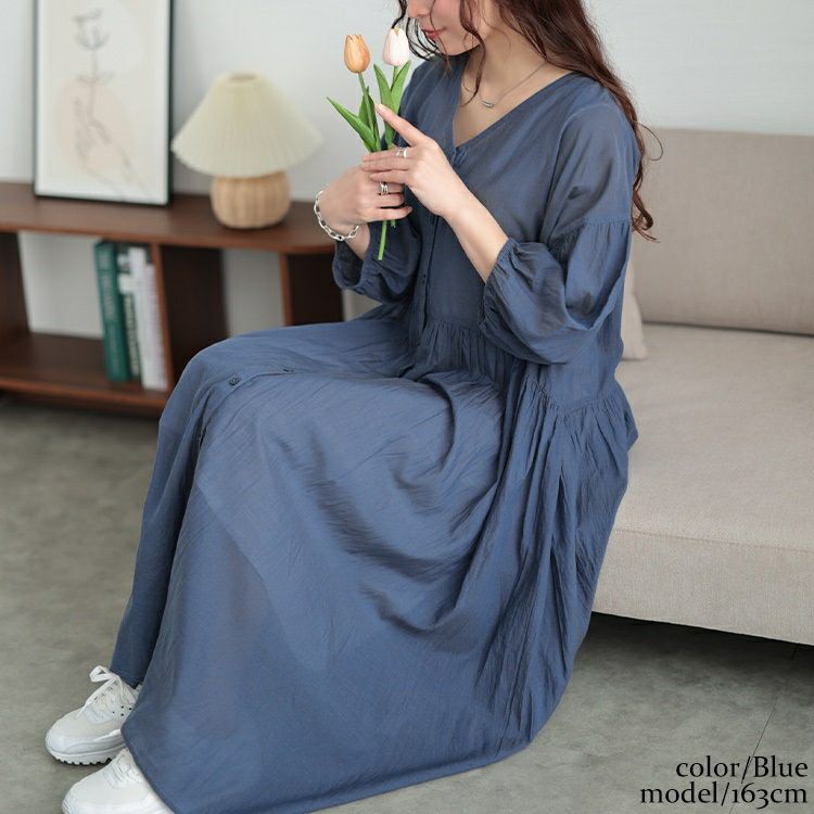 大きいサイズ レディース コットンリネンVネックギャザーワンピース　fem-526