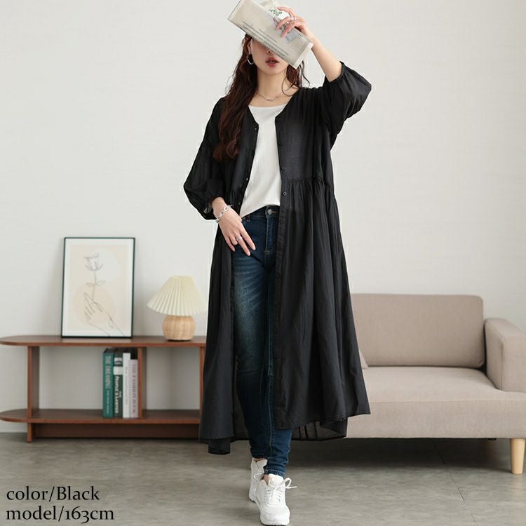 大きいサイズ レディース コットンリネンVネックギャザーワンピース　fem-526