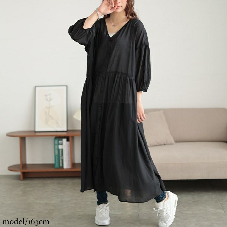 大きいサイズ レディース コットンリネンVネックギャザーワンピース　fem-526