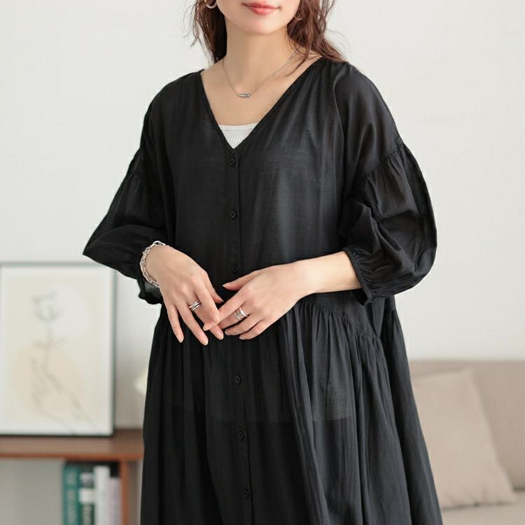 大きいサイズ レディース コットンリネンVネックギャザーワンピース　fem-526