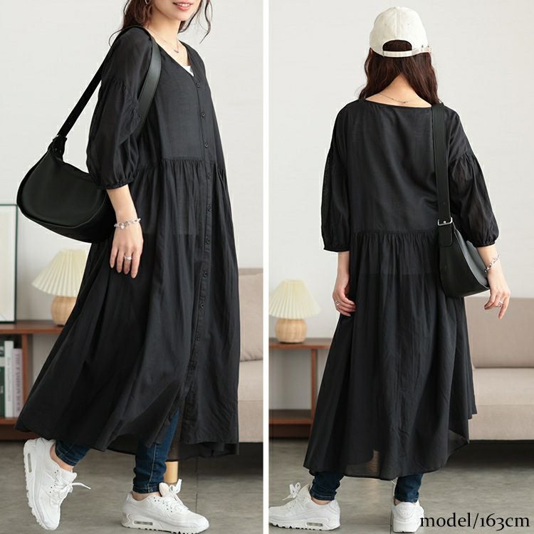 大きいサイズ レディース コットンリネンVネックギャザーワンピース　fem-526