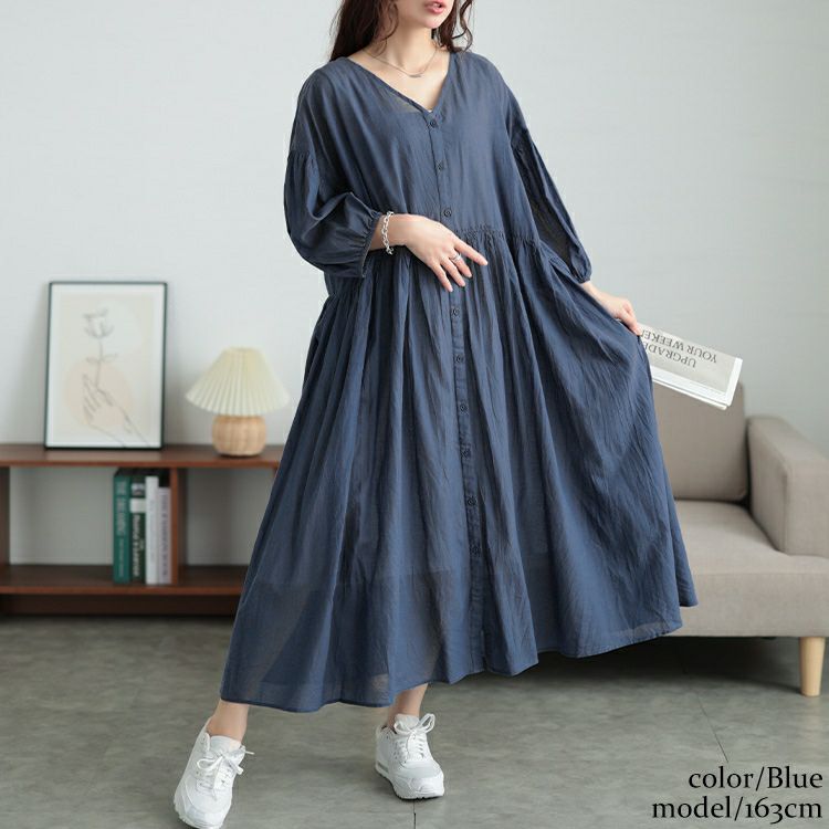 大きいサイズ レディース コットンリネンVネックギャザーワンピース　fem-526