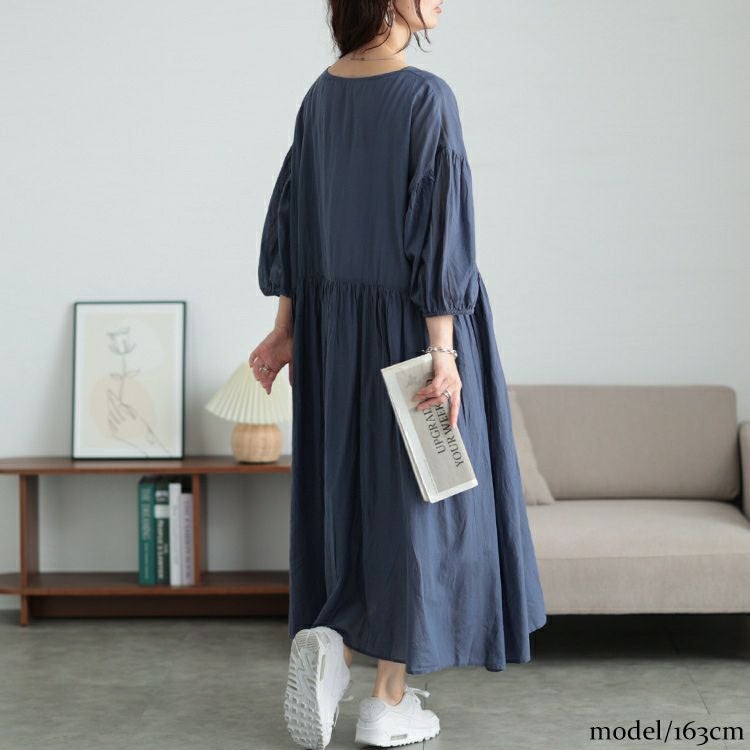 大きいサイズ レディース コットンリネンVネックギャザーワンピース　fem-526