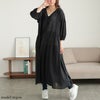 大きいサイズ レディース コットンリネンVネックギャザーワンピース　fem-526 ブラック