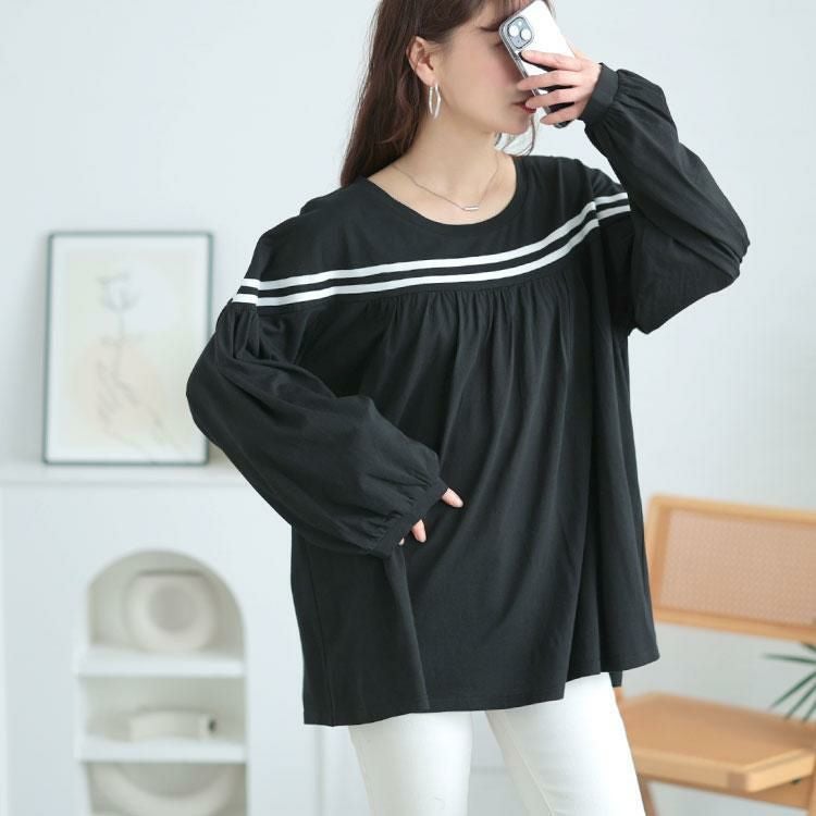 大きいサイズ レディース 配色ラインフレアプルオーバー　bai-0176 ブラック