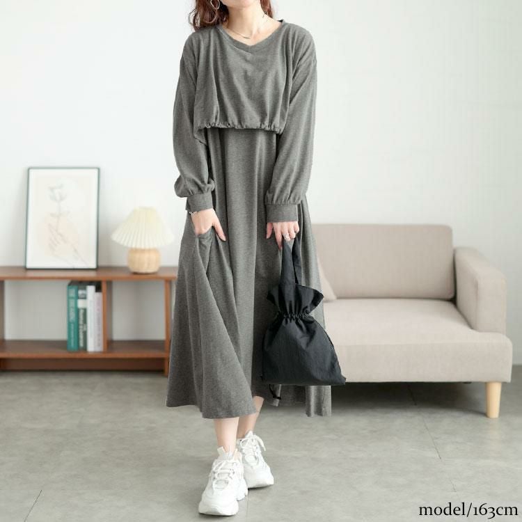 大きいサイズ レディース ドロストレイヤードワンピース　bai-0174 グレー