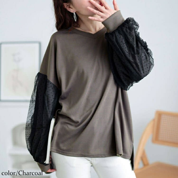 大きいサイズ レディース ドットチュールスリーブプルオーバー　bai-0171