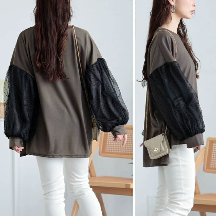 大きいサイズ レディース ドットチュールスリーブプルオーバー　bai-0171