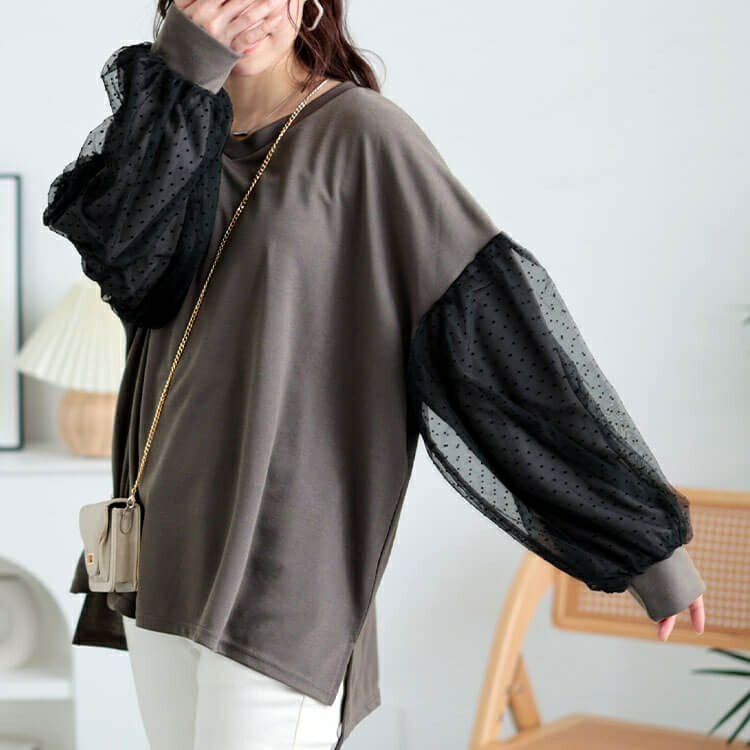 大きいサイズ レディース ドットチュールスリーブプルオーバー　bai-0171
