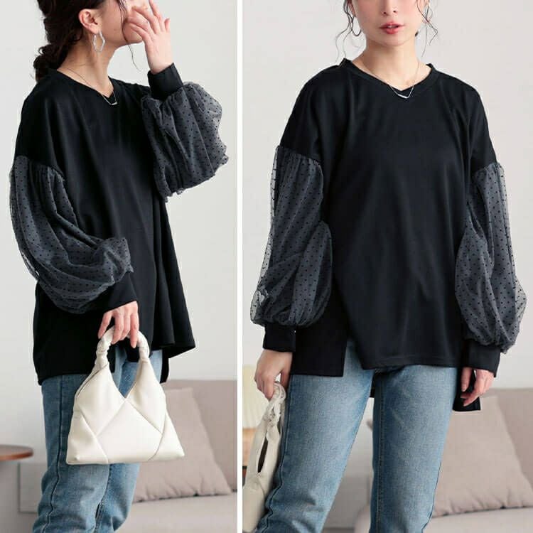 大きいサイズ レディース ドットチュールスリーブプルオーバー　bai-0171