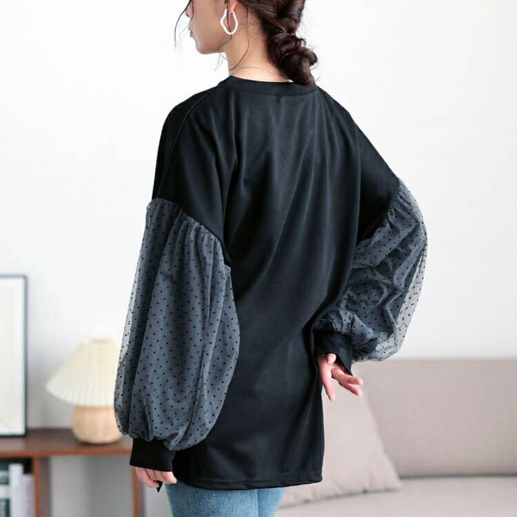 大きいサイズ レディース ドットチュールスリーブプルオーバー　bai-0171
