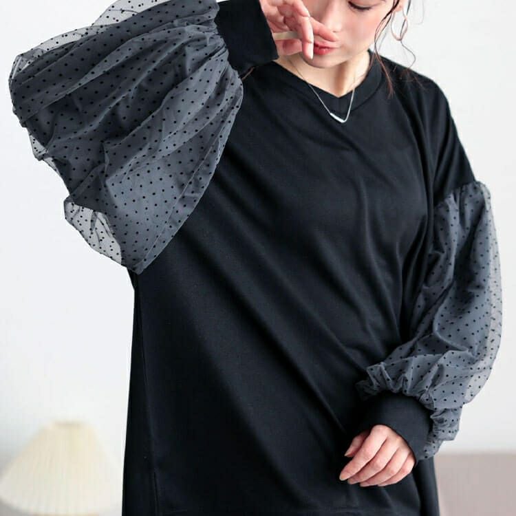 大きいサイズ レディース ドットチュールスリーブプルオーバー　bai-0171