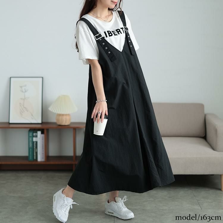 大きいサイズ レディース 肩ベルトナイロンジャンパースカート　tog-1026 【メール便可】 ブラック