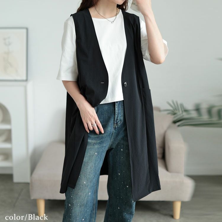 大きいサイズ レディース バックスリットノーカラーロングジレ　maru-30120