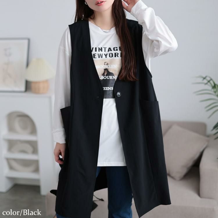 大きいサイズ レディース バックスリットノーカラーロングジレ　maru-30120 ブラック