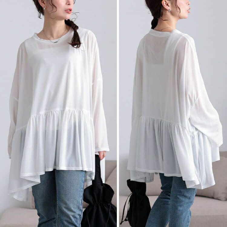 大きいサイズ レディース ストレッチカットシフォンペプラムチュニック　maru-30118 【メール便可】