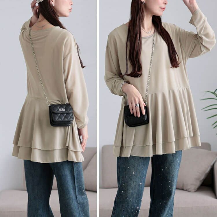 大きいサイズ レディース ストレッチカットシフォンペプラムチュニック　maru-30117 【メール便可】